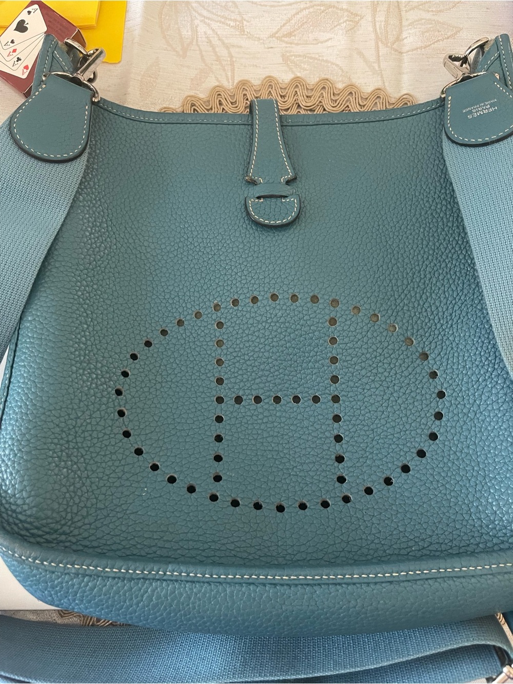 Hermes Blue Blue Jean Evelyne Leather Shoulder Bag with Perforated Logo